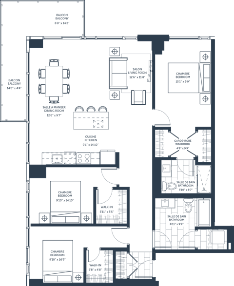 Floor plan for 3 beds, 2 baths, 1410 sqft